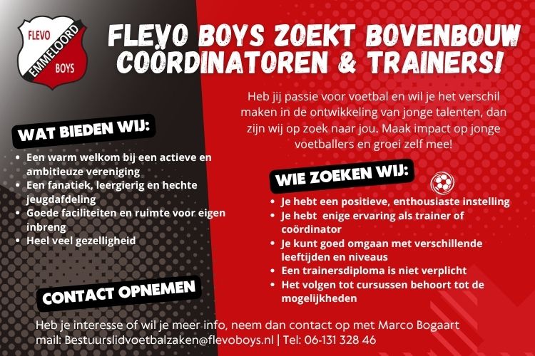 Flevo Boys zoekt bovenbouw coördinatoren & trainers!
